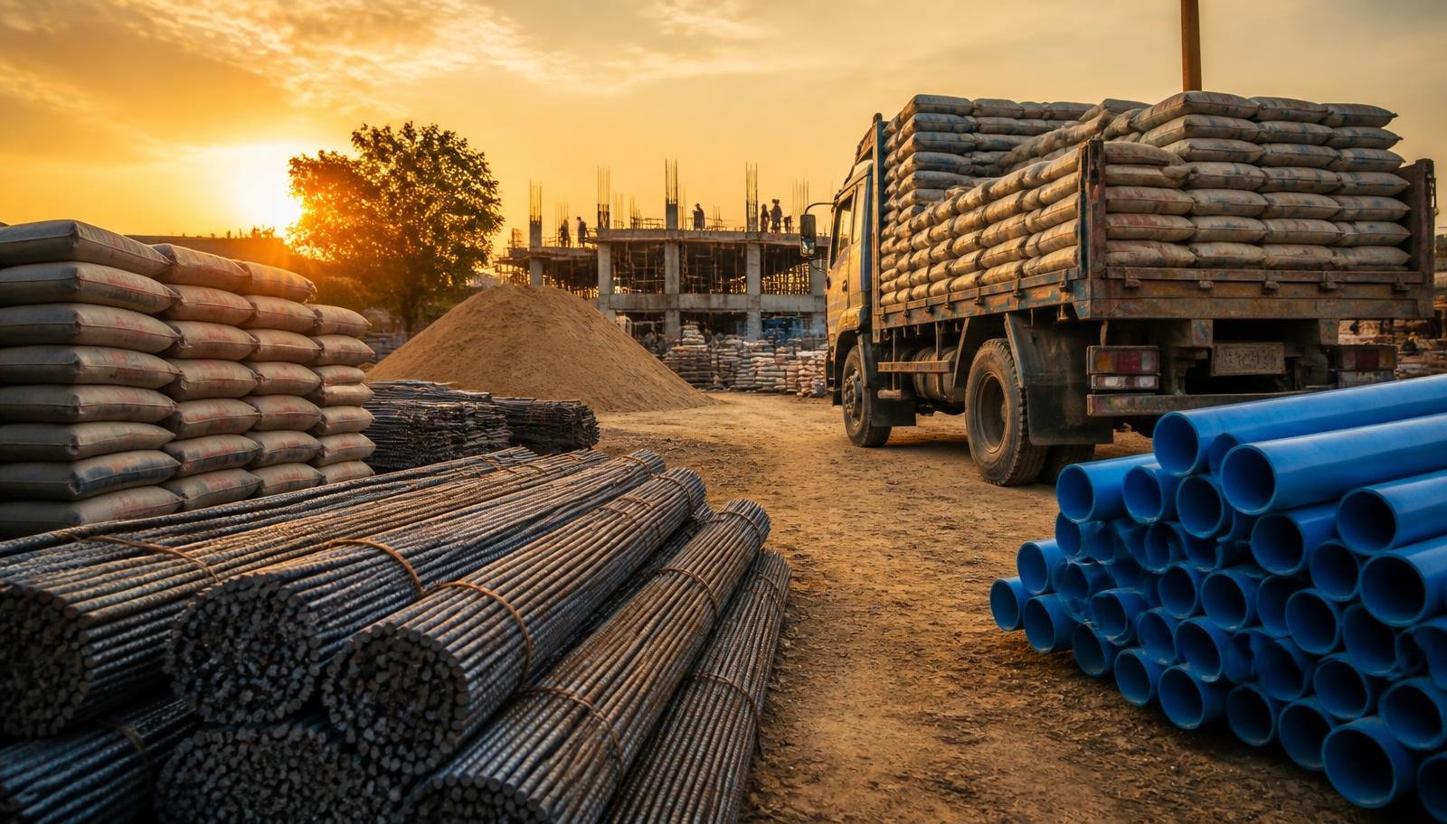 Cement bags, TMT steel bundles, sand and PVC pipes at a Hyderabad materials yard